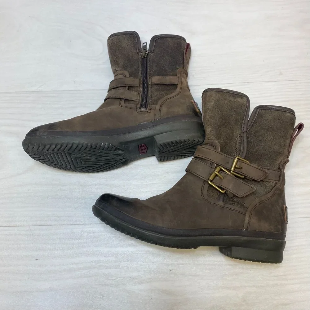 UGG Simmens Biker Boots Women's Size 6.5 Brown Leather Waterproof‎ Buckle Straps